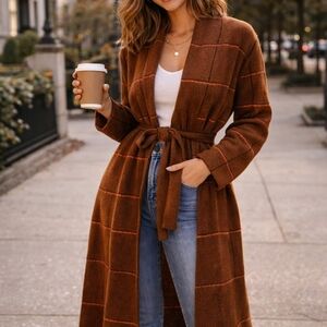 Brown Plaid Long Cardigan